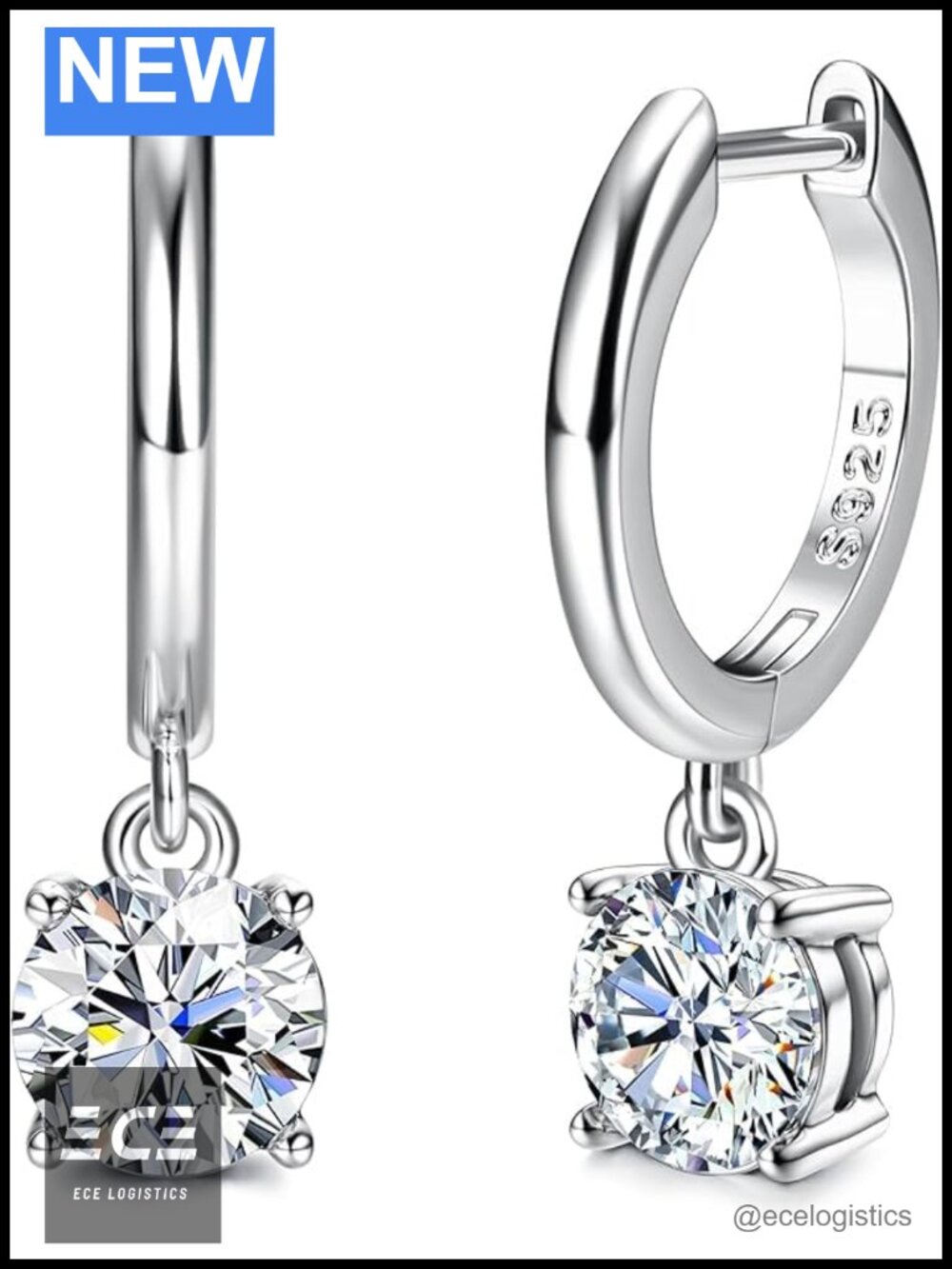 Moissanite Hoop Earrings S925 Sterling Silver Huggie Dangle 2ct